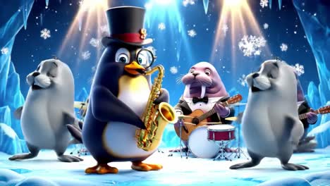 a charming band of cartoon penguins and seals play a joyful musical performance amidst an icy wonderland filled with snowflakes and magical lights