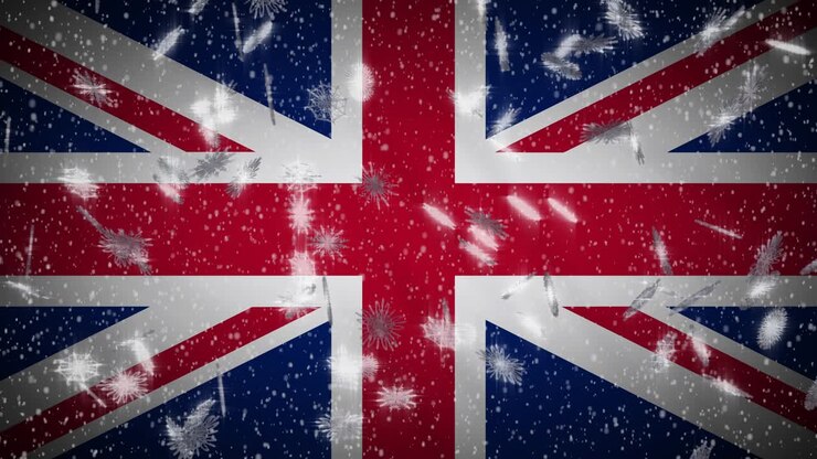 United Kingdom flag falling snow loopable, New Year and Christmas background, loop