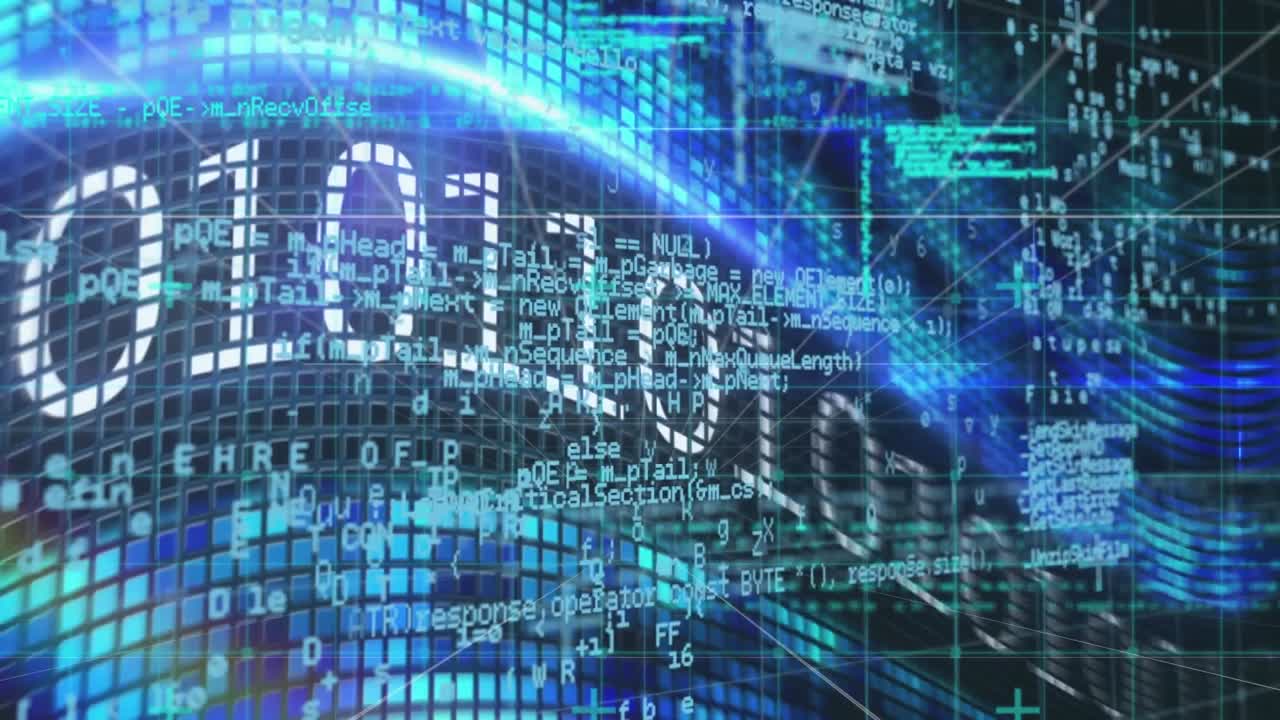 Animation of data processing over grid network against binary coding and blue light trail