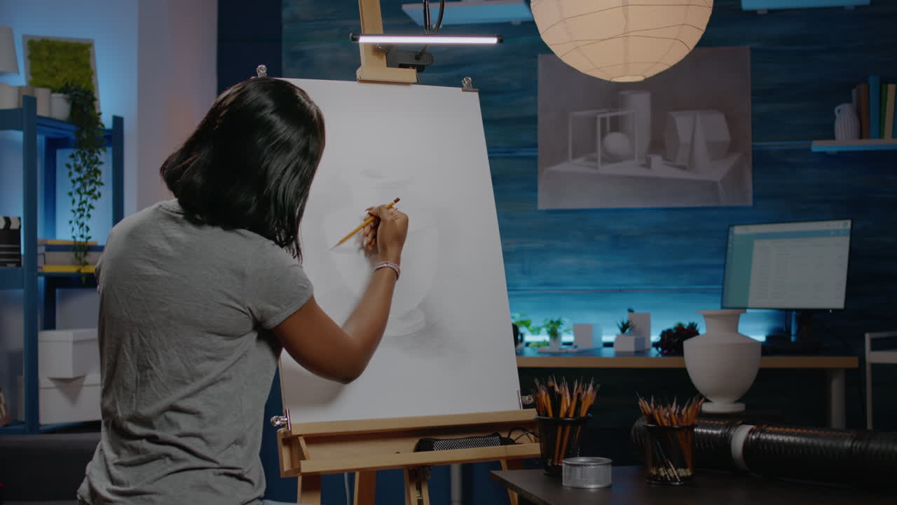 Young black woman drawing vase on white canvas in art studio
