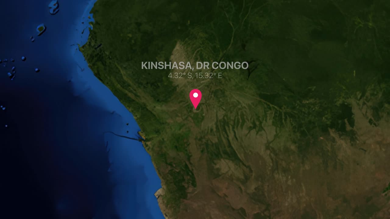 A smooth digital zoom from a global world map into Kinshasa with a location marker