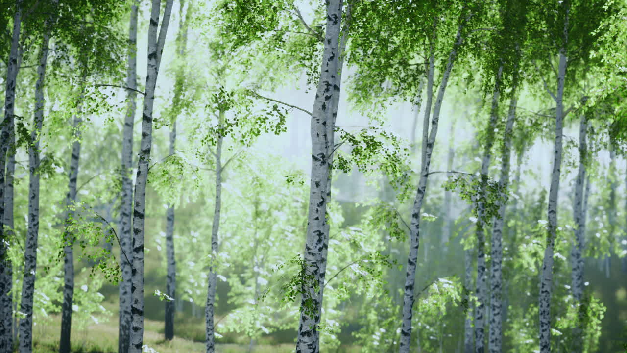 Lush birch forest showcasing vibrant green foliage and tranquil atmosphere