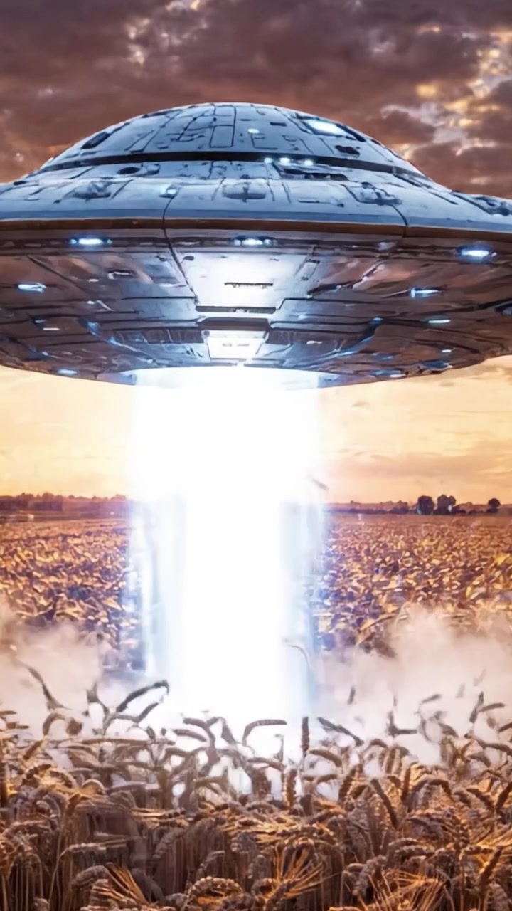 A Mysterious UFO Descends into a Golden Wheat Field as the Sun Sets, Illuminating the Landscape with an Ethereal Light While Engaging in an Otherworldly Encounter