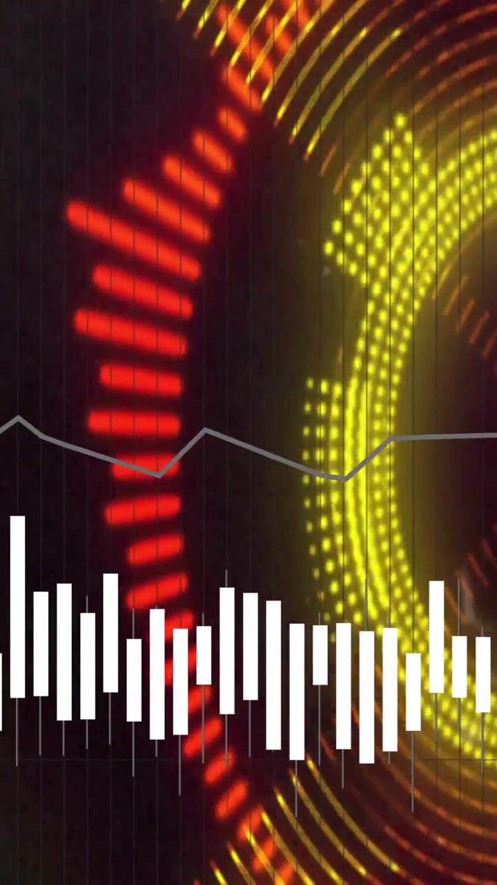 Sound waveforms and frequency bars over red circular animation with digital elements