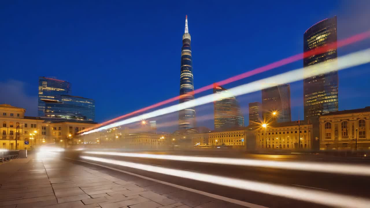 City Skyline at Night with Light Trails