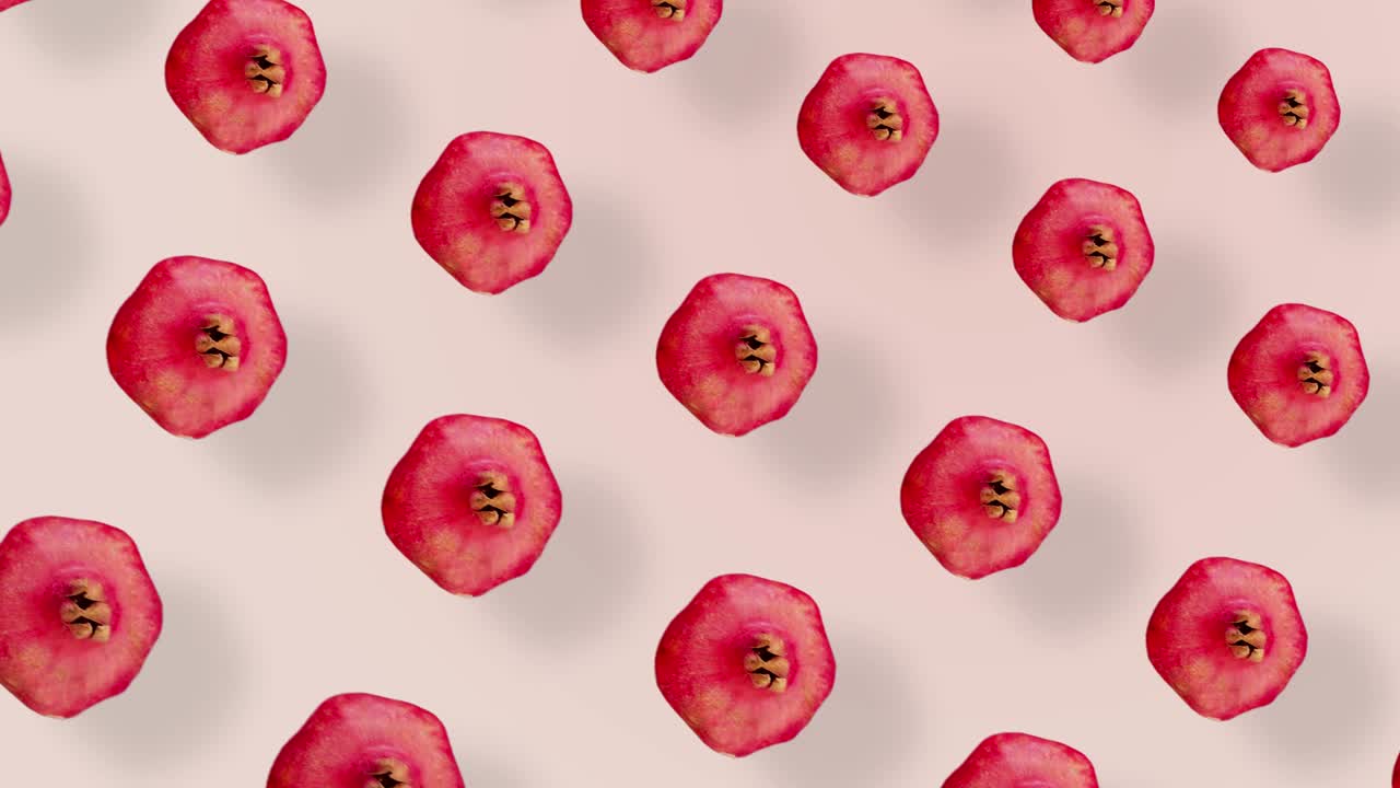 그림자와 분홍색 배경에 신선한 은 달이의 다채로운 과일 패턴, 달이와 함께 원활한 패턴, 현실적인 애니메이션, 4k 비디오 모션