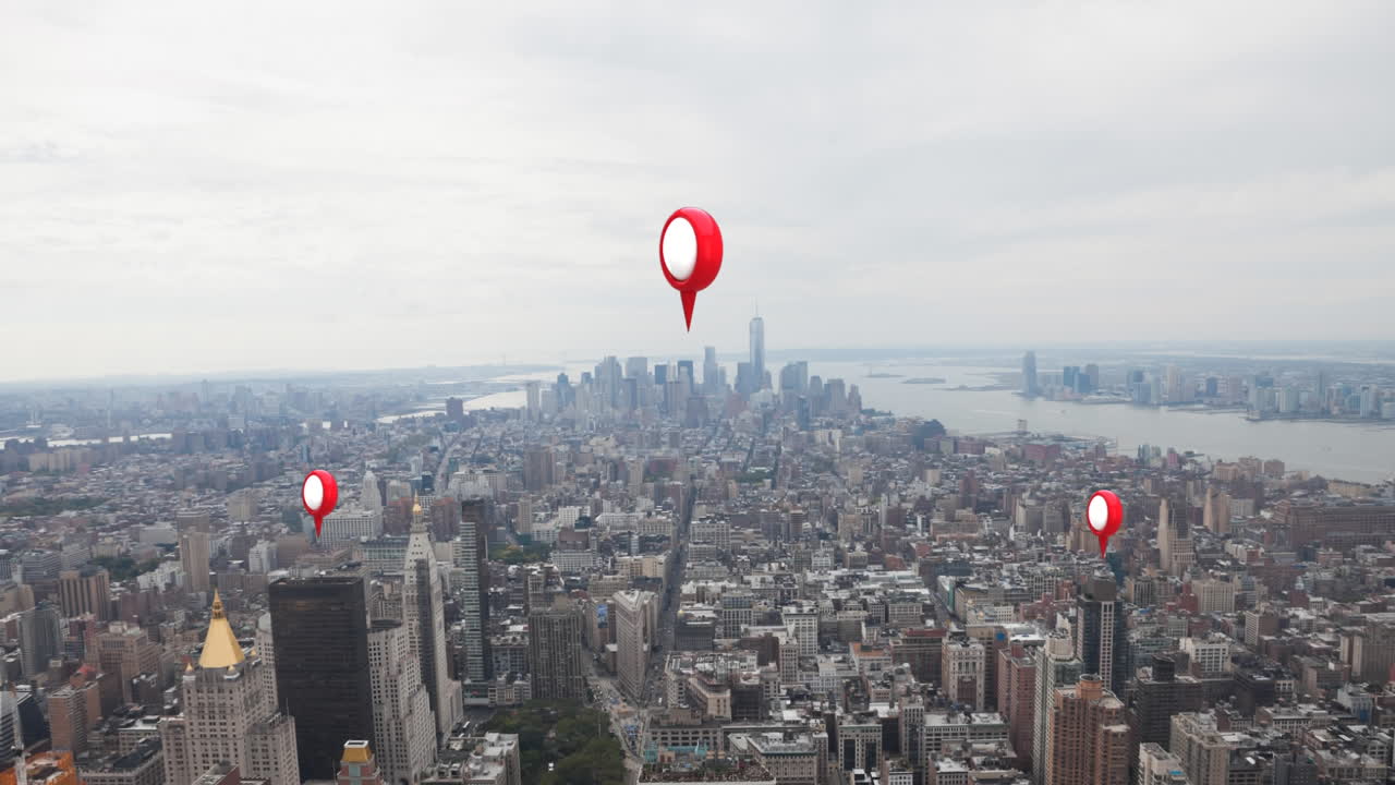 alfileres de ubicación y paisaje urbano