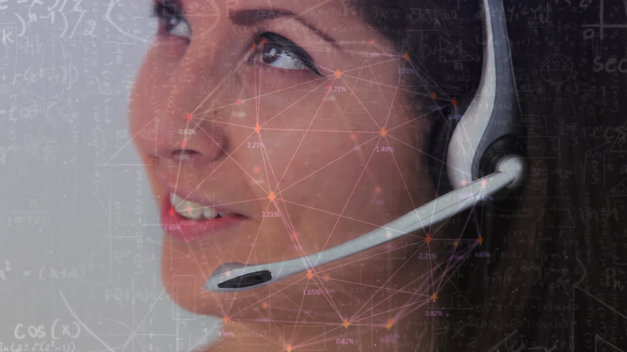 Animazione di una rete di flussi su una donna d'affari che usa auricolari.