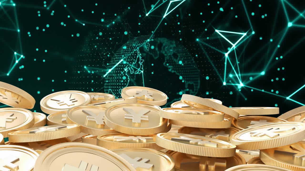 Gold coins with yen symbols over digital network and globe animation