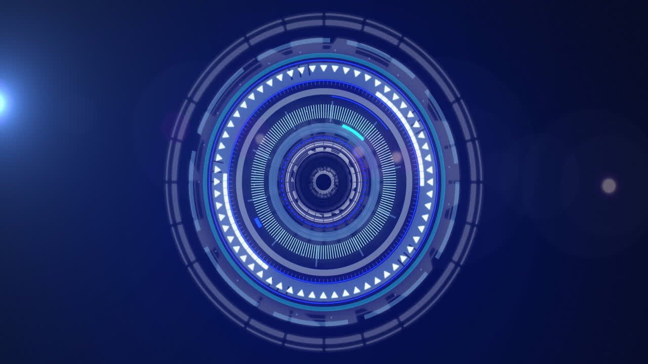 Digital animation of spot of light and neon round scanner spinning against blue background