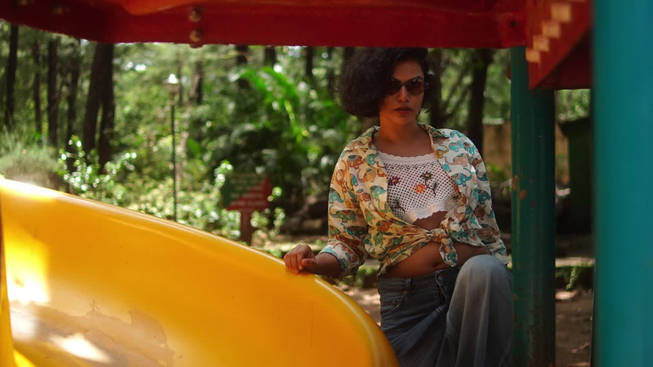 A woman with sunglasses poses beside a yellow slide in a playground surrounded by trees
