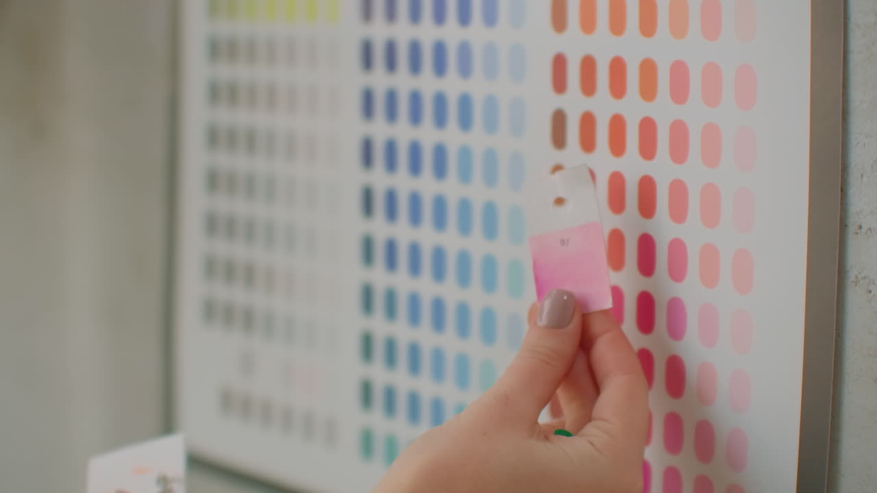 joven diseñadora colorista recoge colores de pie cerca de la pared. mirando la pared de bocetos y flores. elegir el color correcto.