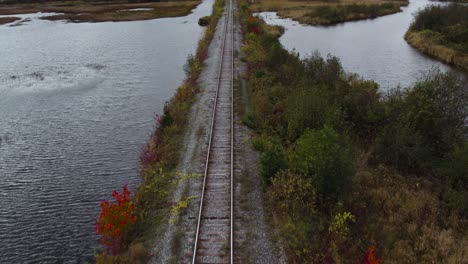 railroad track on androscoggin river in new hampshire, aerial shot