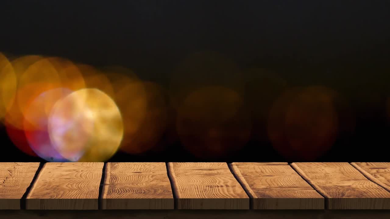animación de luces de hadas parpadeantes y superficie de madera sobre fondo negro