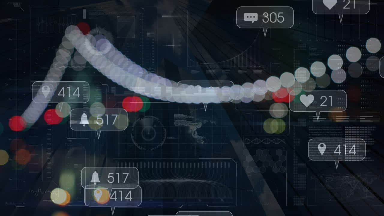 데이터 처리 및 소셜 미디어 아이콘의 애니메이션은 도시 풍경에서 점점 더 많아지고 있습니다.