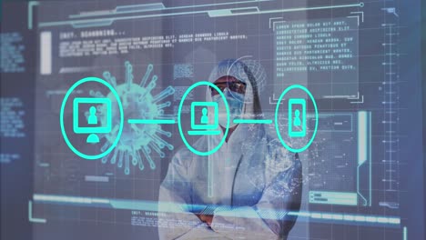 Animation of screen with covid 19 cell and medical data processing over scientist in ppe suit