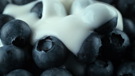 blueberries poured with yogurt - a milky liquid covers the fruit in slow motion