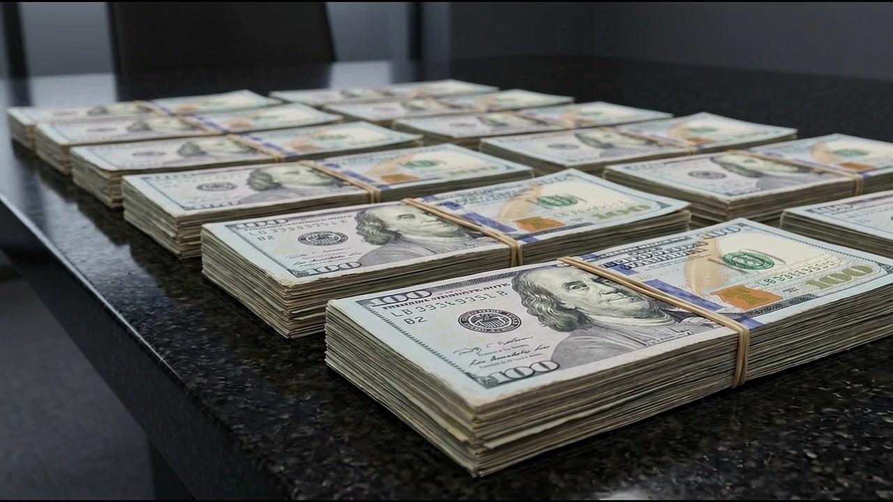 Financial advisor organizing us dollar bundles for a business deal