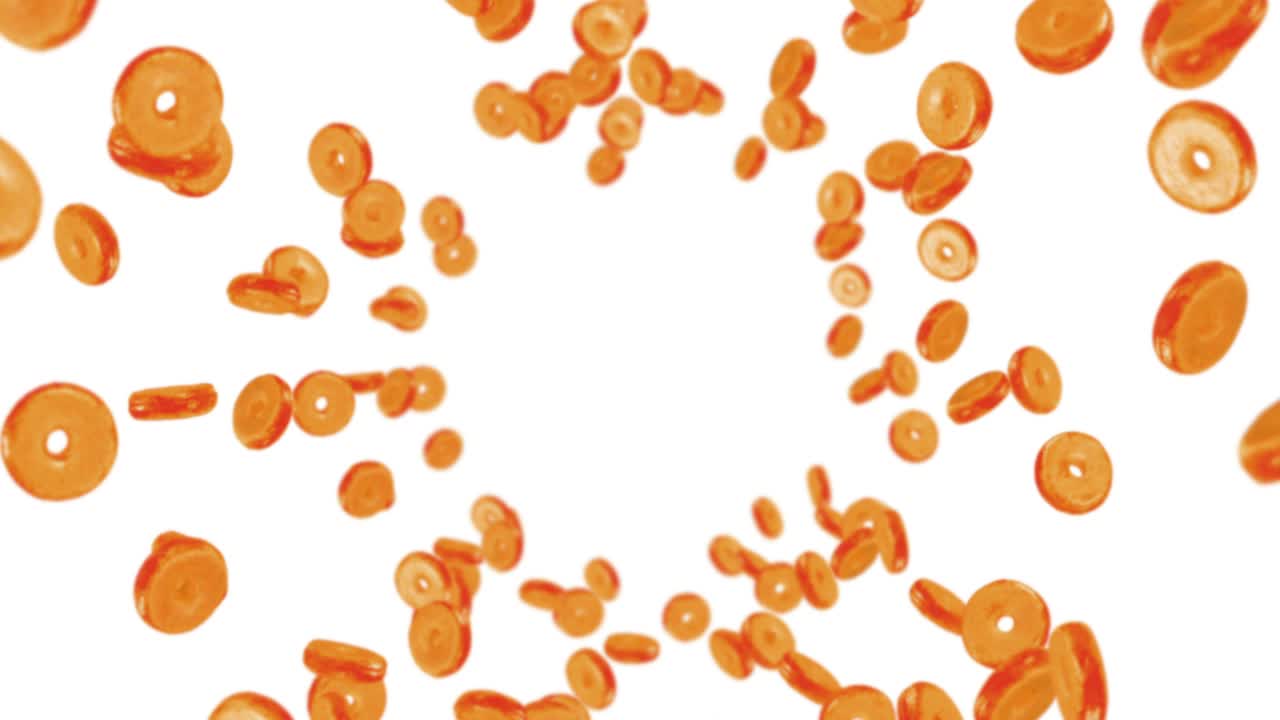 색 배경에 많은 평평한 도을 날아. 도 케이크, 과자, 디저트. 도 회전의 3d 애니메이션. 루프 애니메이션.