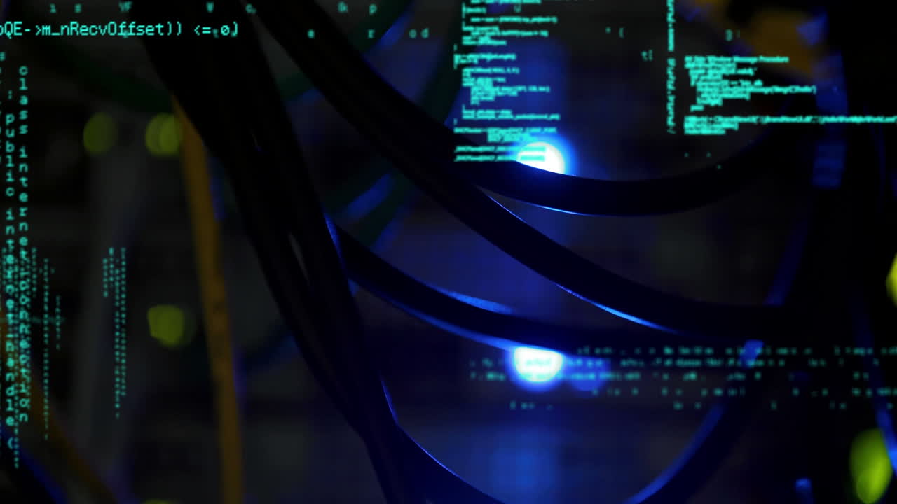 Animation of data processing over close up of computer server