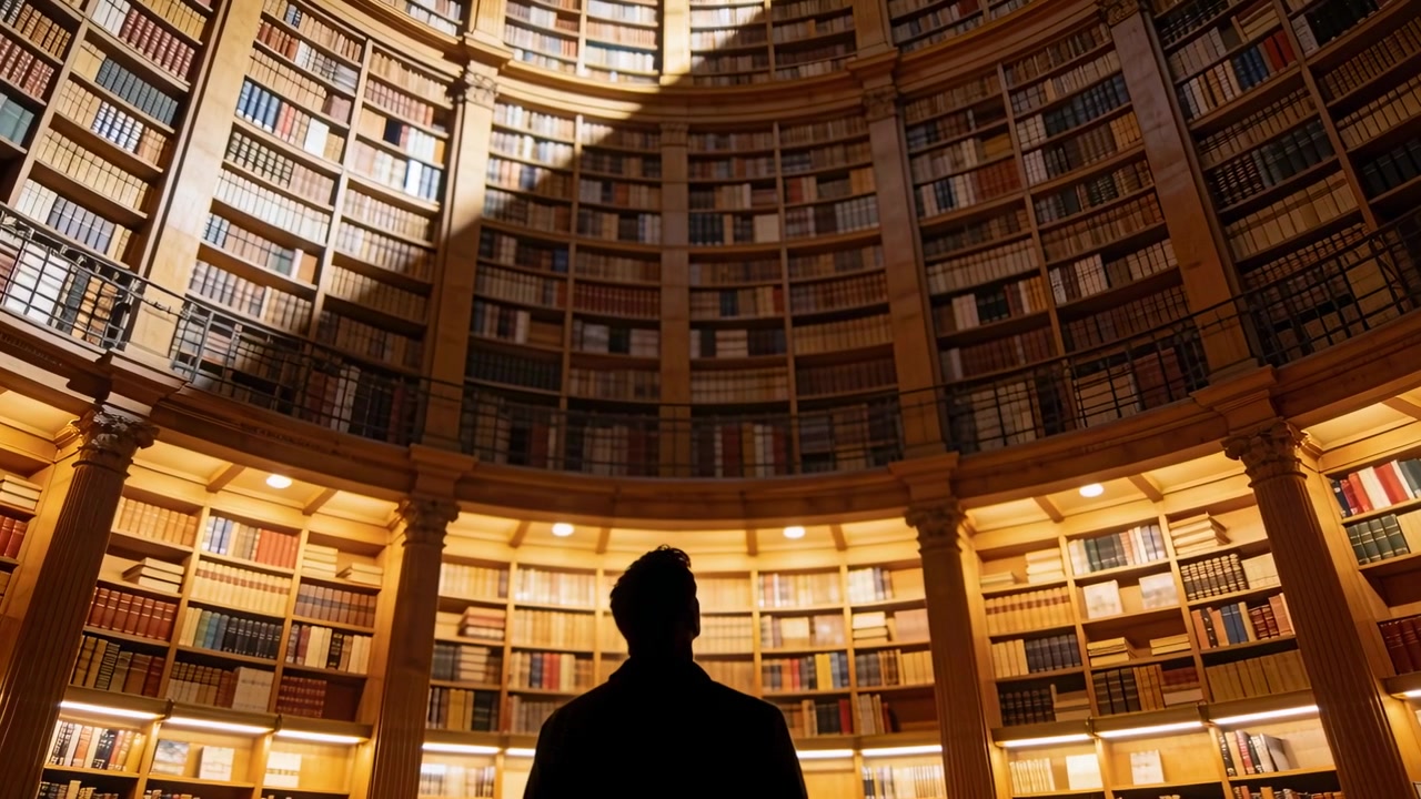 Seguendo il cambiamento di luce, un uomo in ombra con un cappotto scuro guarda verso il lucernario e le pile di libri negli scaffali della rotonda.