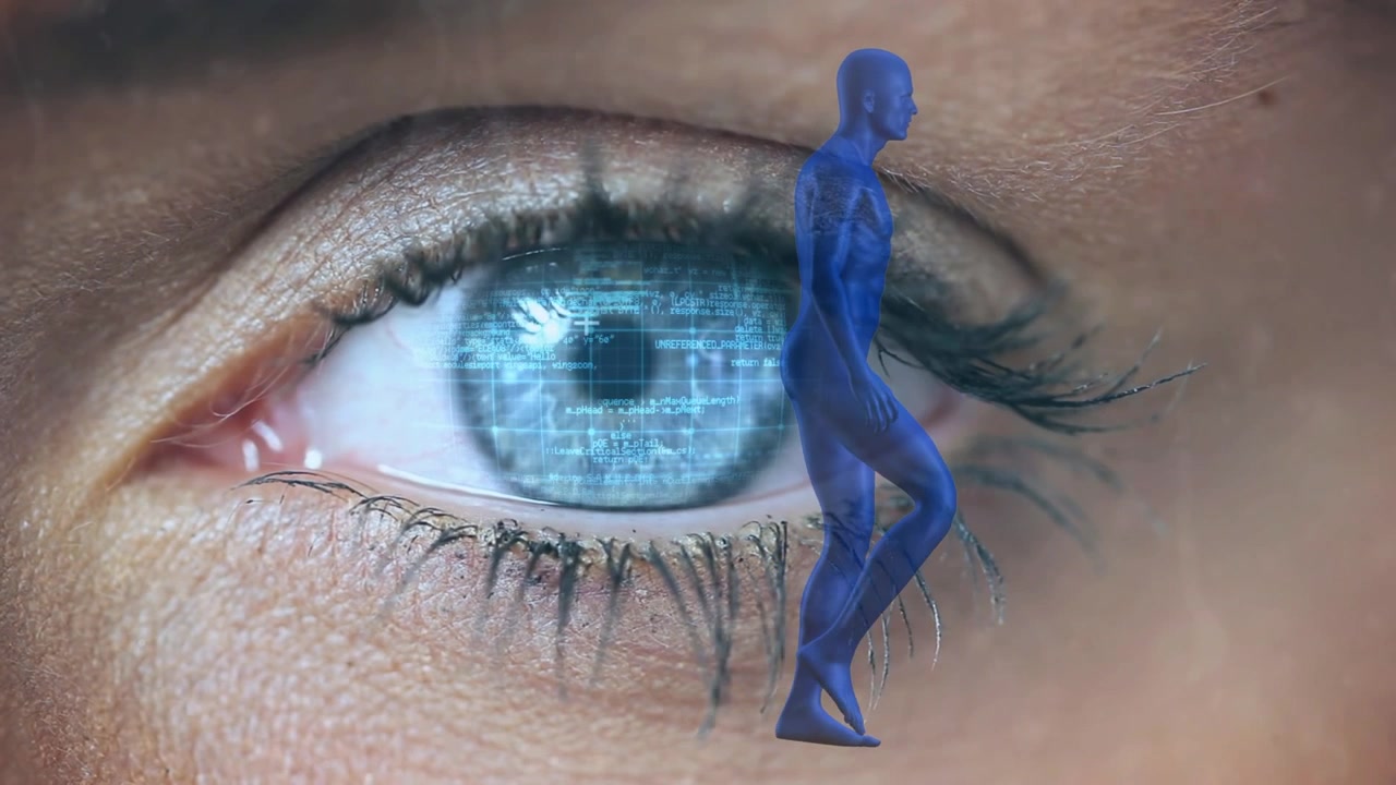 Animazione di un essere umano digitale e di elaborazione dati su un occhio.
