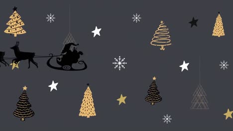 animación de santa claus en trineo con renos sobre estrellas y textura de árbol de navidad