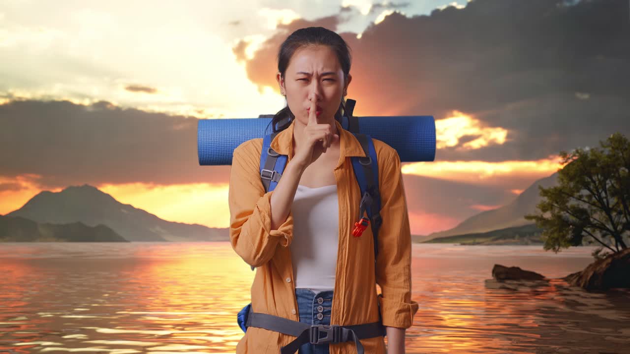 Woman Traveler in Silence at Sunset Lake