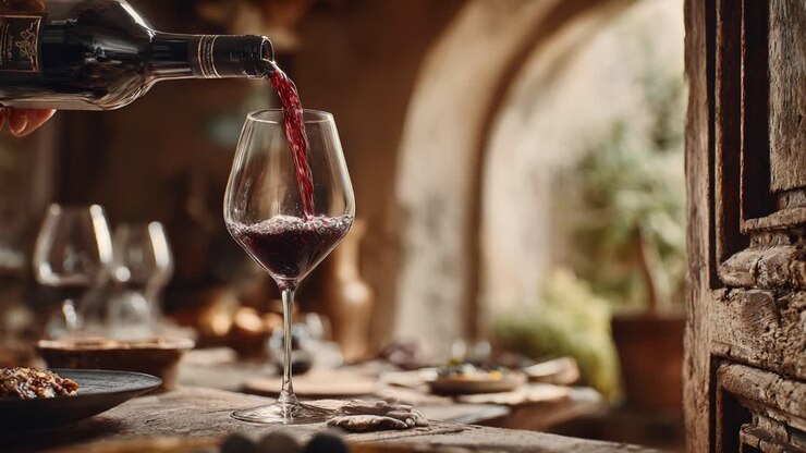 An Elegant Pour: Capturing the Art of Wine with a Rich Merlot Flowing into a Crystal Glass Amidst a Rustic Background of Gourmet Delights and Natural Beauty