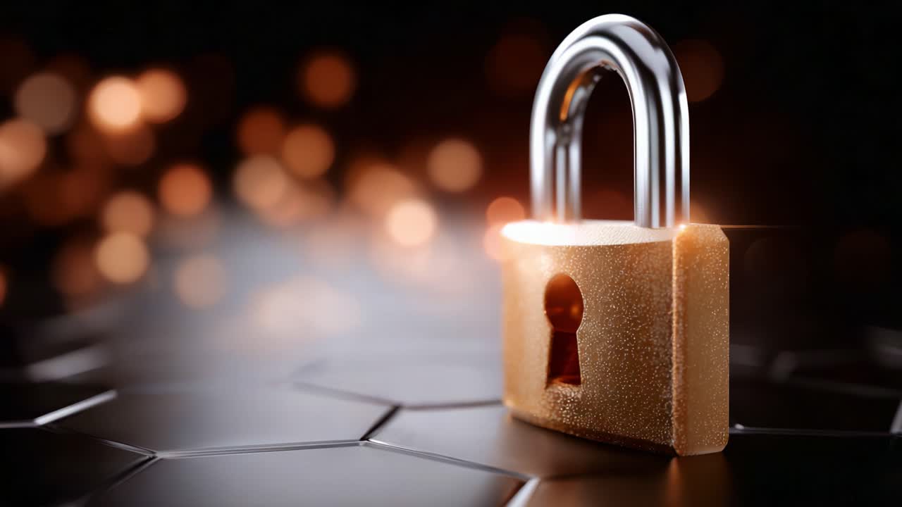 Shiny golden padlock stands out in a dark, glowing background with a subtle reflection, symbolizing security, protection, and privacy in a modern digital world