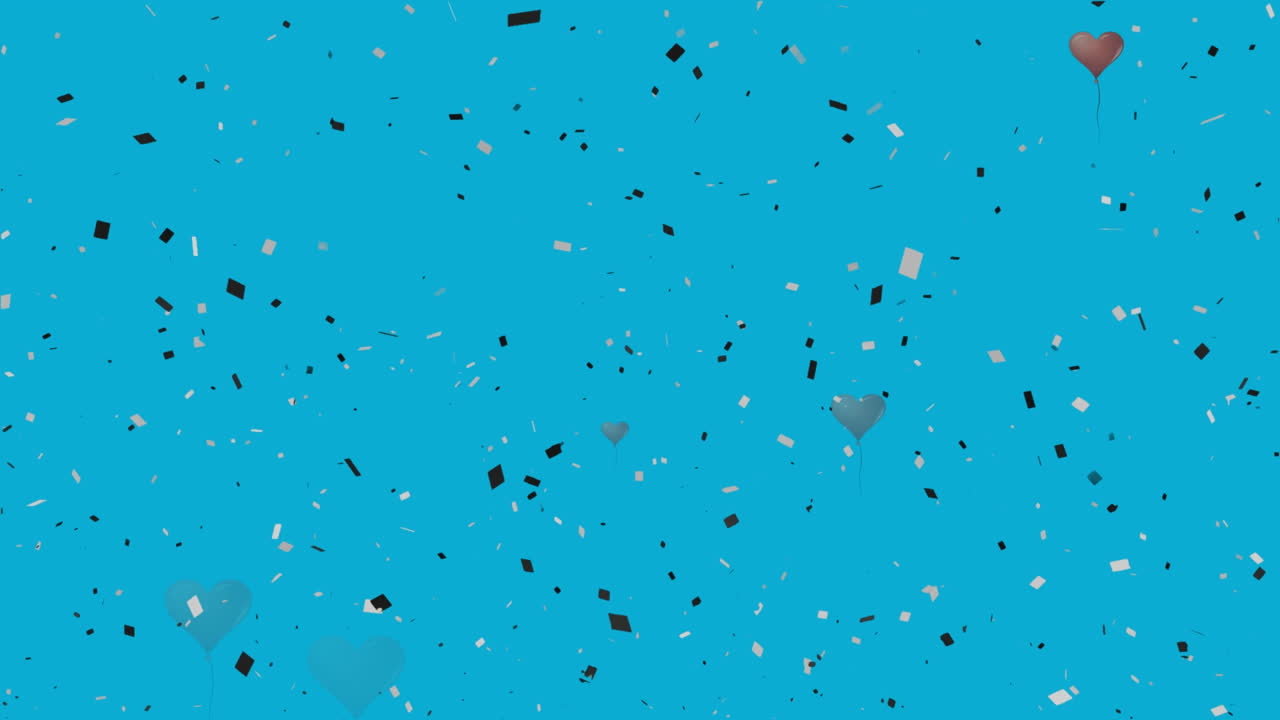 콘페티가 떨어지고 여러 개의 심장 모양의 풍선이 파란색 배경에 떨어집니다.