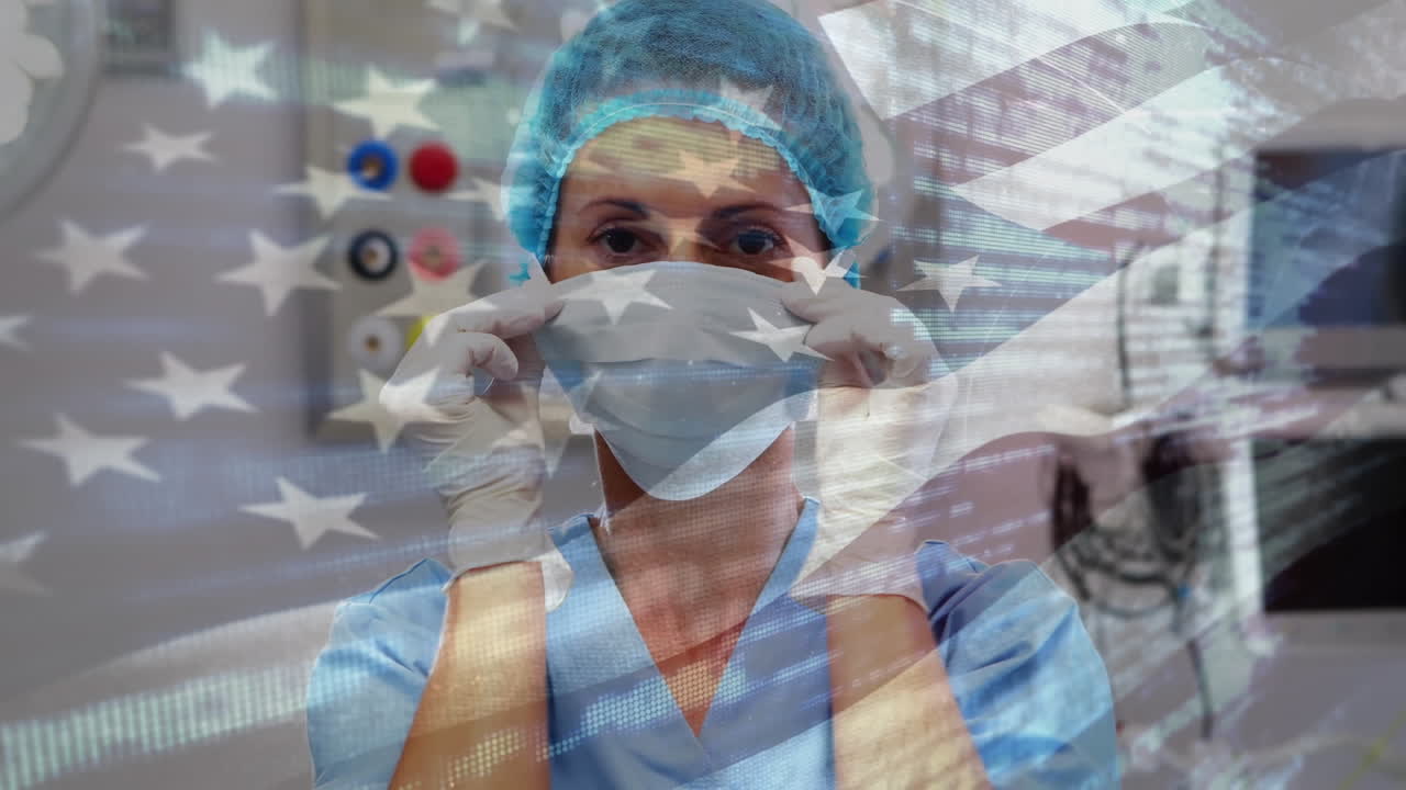 수술실에서 여성 외과의사 위에 흔들리는 미국 국기의 애니메이션