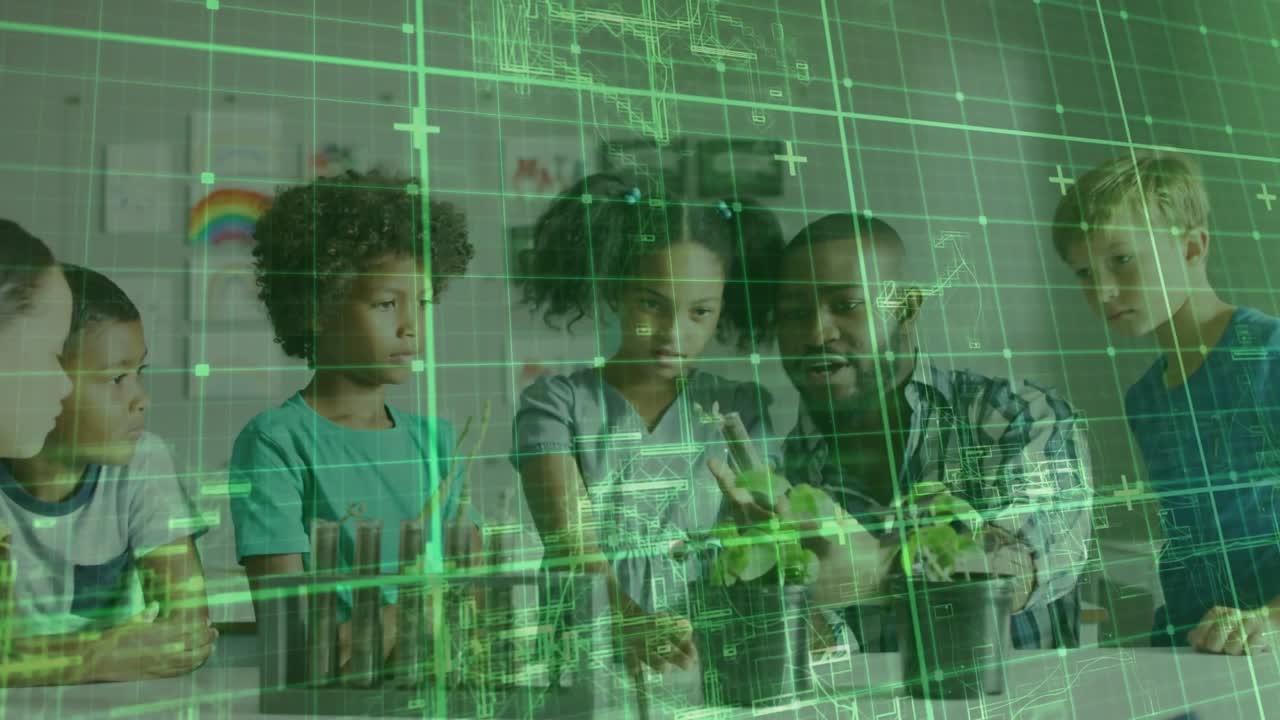 Instructor lifting plant activating AR grid highlighting root stems and students examining tubes