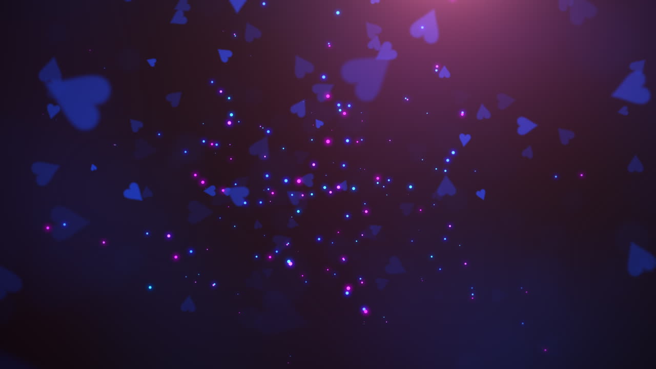 보라색 발렌타인 데이 빛나는 배경에 애니메이션 근접 촬영 동작 작은 낭만적인 마음과 반짝임. 1