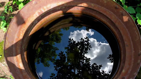 rusty water barrel reflection