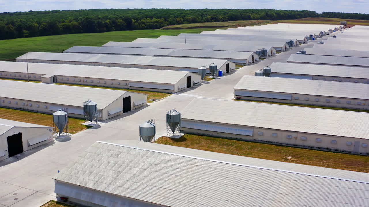 A modern, metal, prefabricated farm building. Prefabricated farm building. View from above on poultry farm.