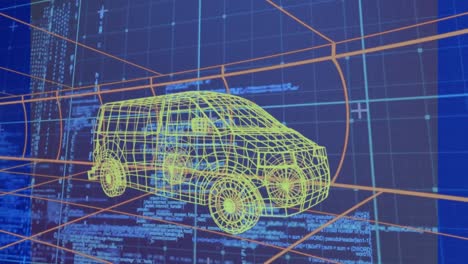 animation of vehicle with graphical user interface moving against programming data and grid pattern