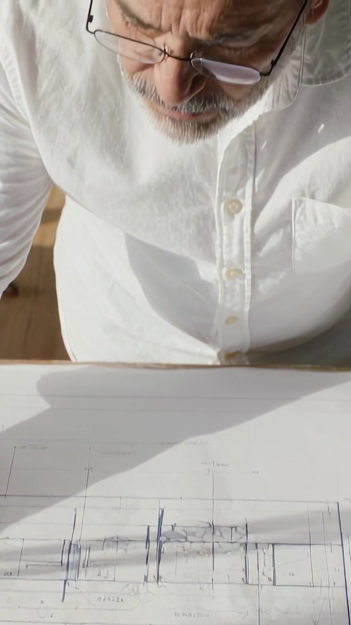 Video verticale: Un uomo anziano in camicia bianca che esamina un progetto in studio, si aggiusta gli occhiali, con un'ombra diagonale.