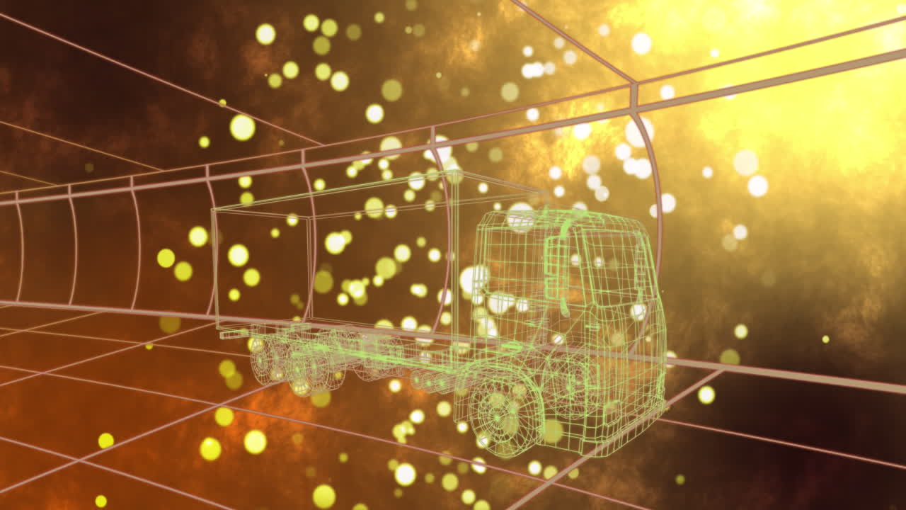 추상적인 배경에 대한 그리드 패턴과 렌즈 플레어에 대한 트럭의 3d 모델의 애니메이션