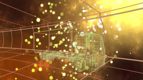 animation of 3d model of truck over grid pattern and lens flares against abstract background