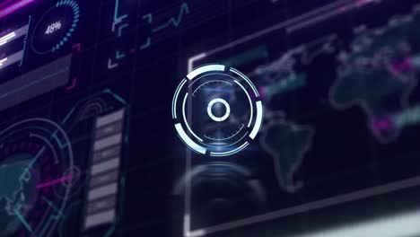 animation of neon round scanner over digital interface with data processing against blue background