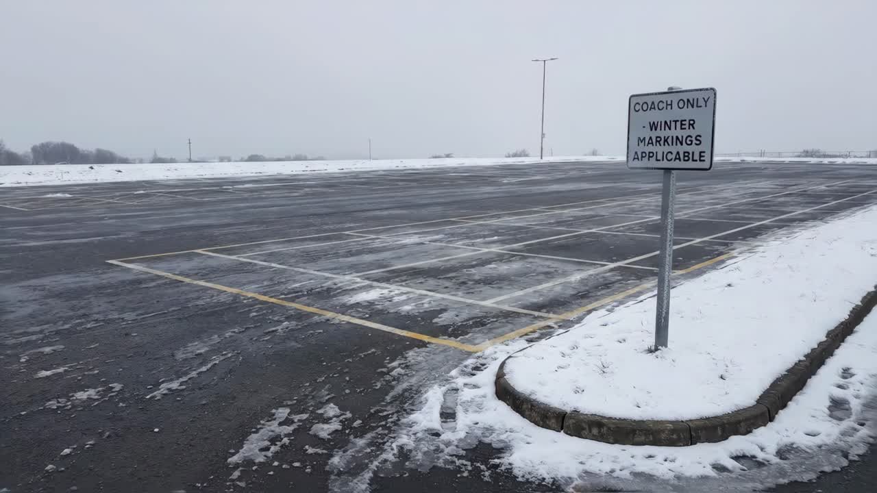 Empty Parking Lot with Melting Snow and Ice on a Cold Winter Day
