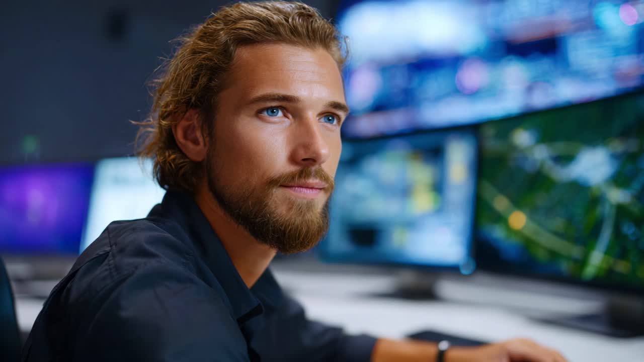 Focused Professional Engaged with Multiple Monitors in a High-Tech Control Room Analyzing Complex Data and Graphics for Strategic Decision Making