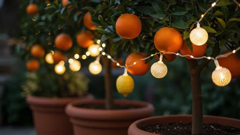 enchanting evening scene with orange trees adorned with twinkling lights and lush greenery, creating a cozy atmosphere perfect for relaxation and gatherings