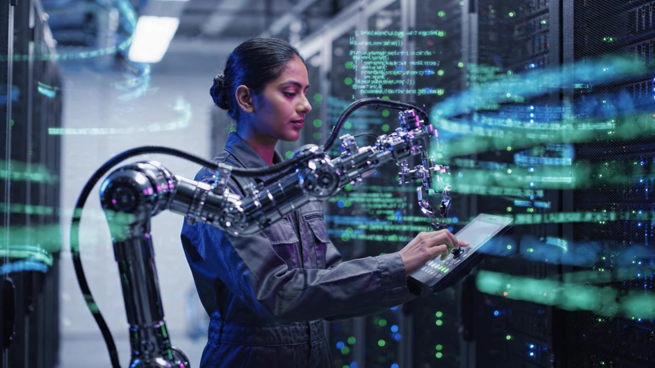 A skilled technician interacts with advanced robotic technology in a server room, showcasing the integration of automation and data management in a high-tech environment.