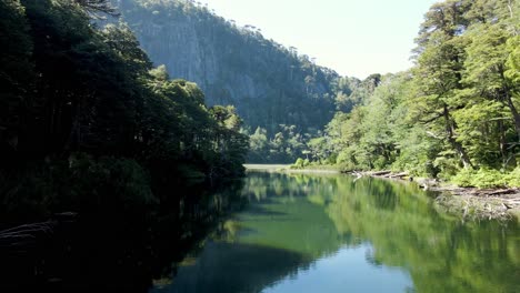 dolly out of lake chico reflecting the araucaria forest in huerquehue national park - drone shot