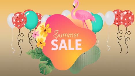 Animation-of-summer-sale-text-over-flamingo-and-balloons-on-orange-background