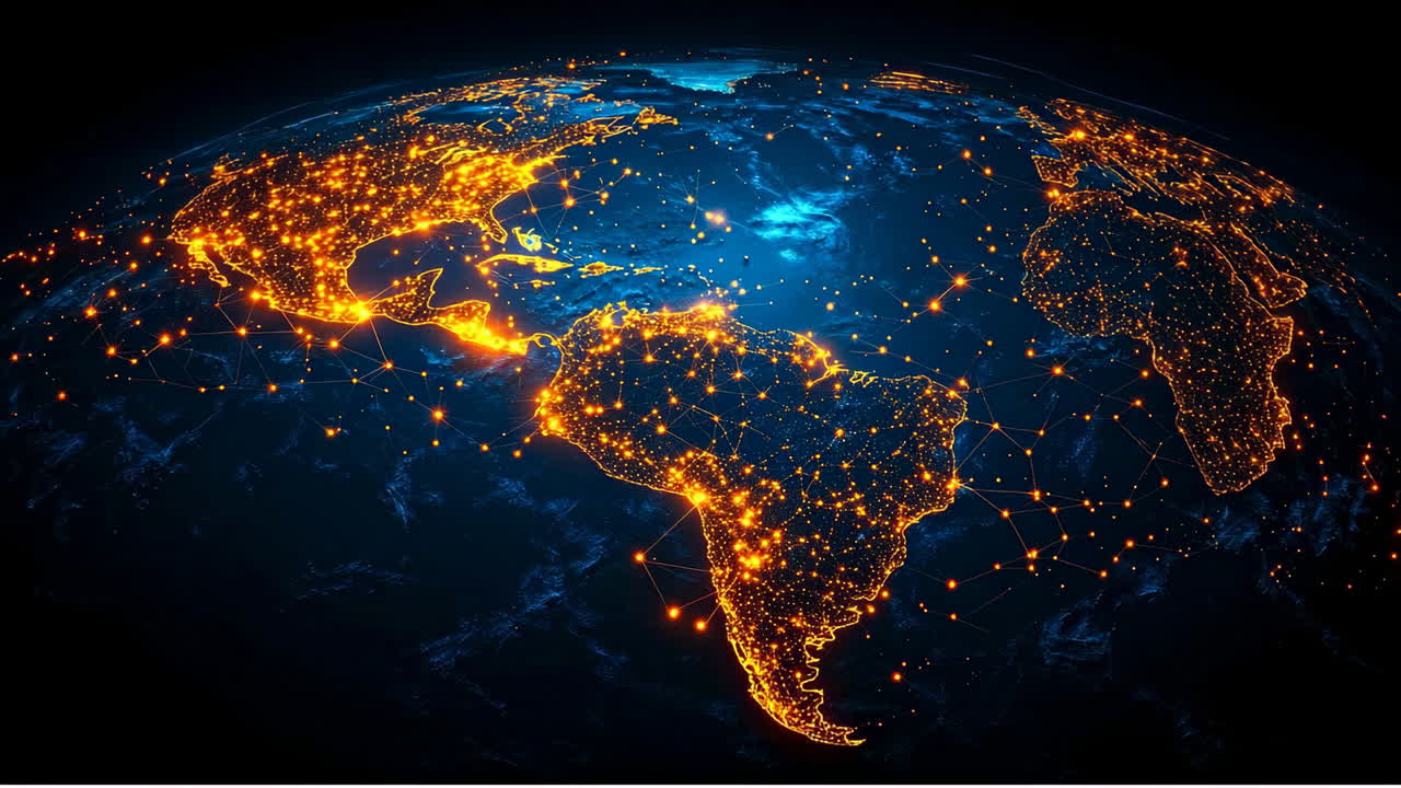 Satellite view of Earth at night showing city lights. Detailed view of the planet Earth globe focusing on North and South America with glowing urban networks