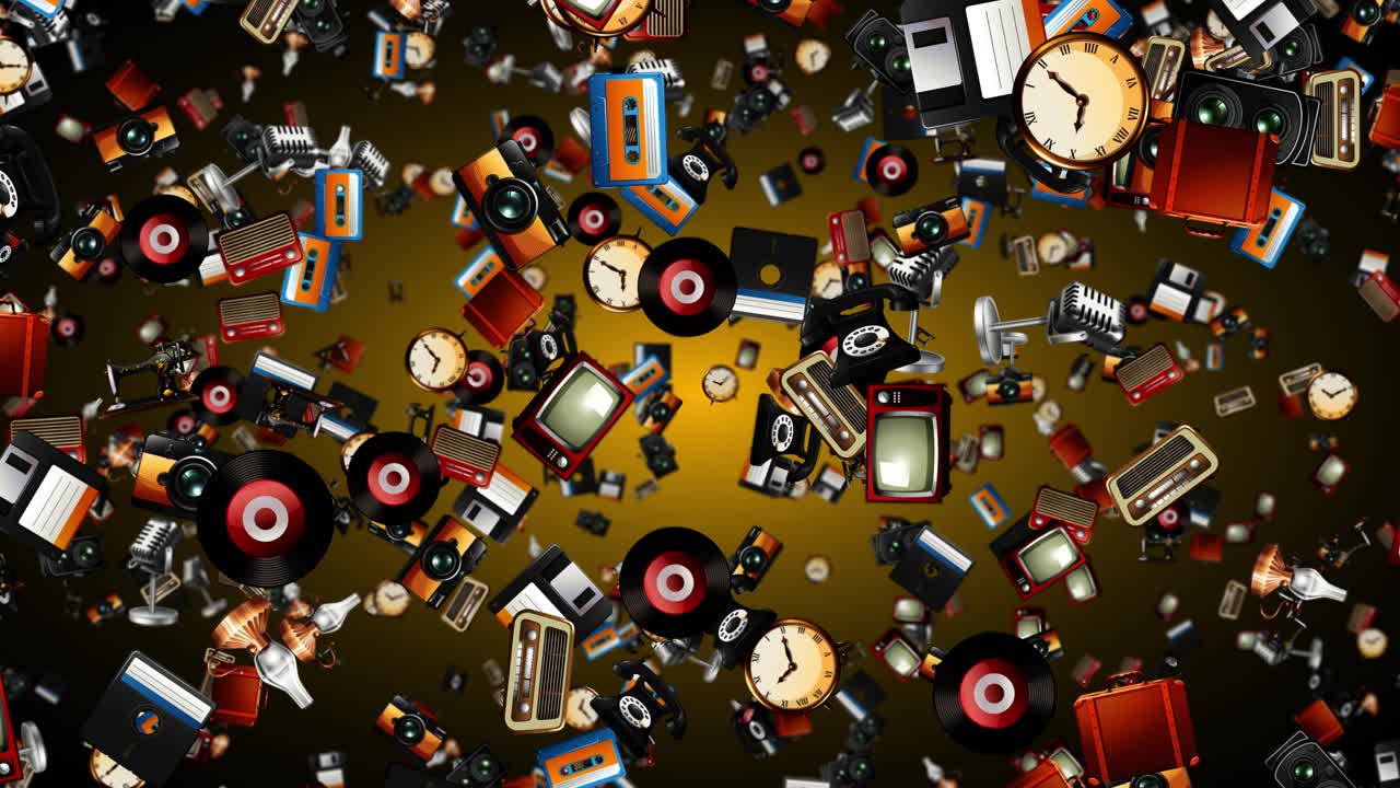 Vintage electronics and media items fall continuously through a glowing golden light and dark background