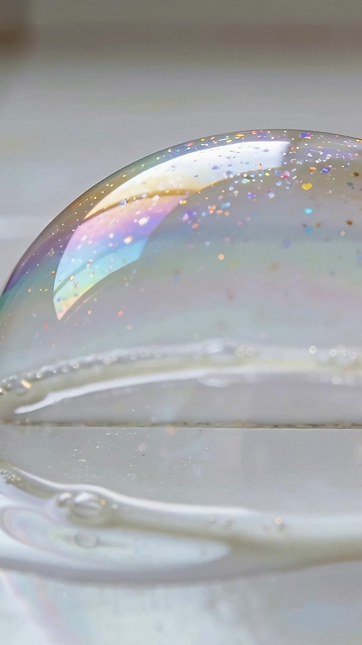 Vertical video: Drifting soap bubble reacting to soft light shifts on sill, with glitter and puddle